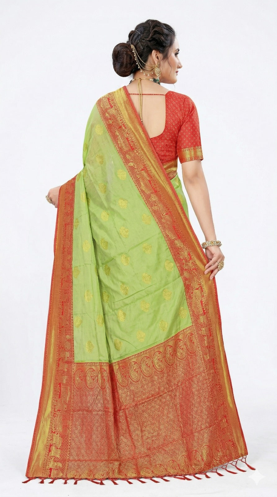 Mrs. SARDARNI Women's Parrot Green Art Silk Saree with Contrast Red Zari Border & Tassel Pallu | Premium Ethnic Wear | Mrs. SARDARNI