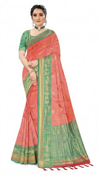 Mrs. SARDARNI Women's Peach Coral Art Silk Saree with Contrast Sea Green Zari Border & Tassels | Premium Ethnic Wear | Mrs. SARDARNI