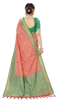 Mrs. SARDARNI Women's Peach Coral Art Silk Saree with Contrast Sea Green Zari Border & Tassels | Premium Ethnic Wear | Mrs. SARDARNI