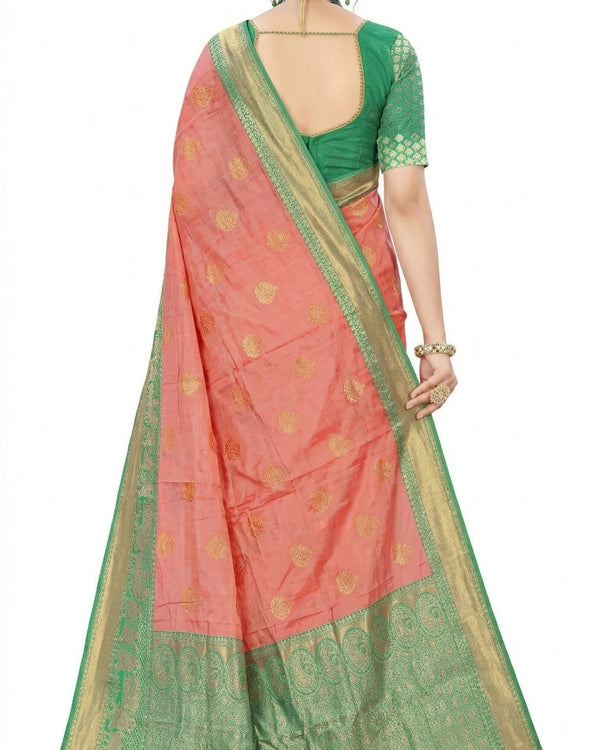 Mrs. SARDARNI Women's Peach Coral Art Silk Saree with Contrast Sea Green Zari Border & Tassels | Premium Ethnic Wear | Mrs. SARDARNI
