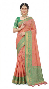 Mrs. SARDARNI Women's Peach Coral Art Silk Saree with Contrast Sea Green Zari Border & Tassels | Premium Ethnic Wear | Mrs. SARDARNI