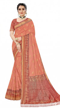 Mrs. SARDARNI Women's Peach Coral Art Silk Saree with Contrast Maroon Zari Border & Tassel Pallu | Premium Ethnic Wear | Mrs. SARDARNI