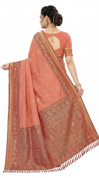 Mrs. SARDARNI Women's Peach Coral Art Silk Saree with Contrast Maroon Zari Border & Tassel Pallu | Premium Ethnic Wear | Mrs. SARDARNI
