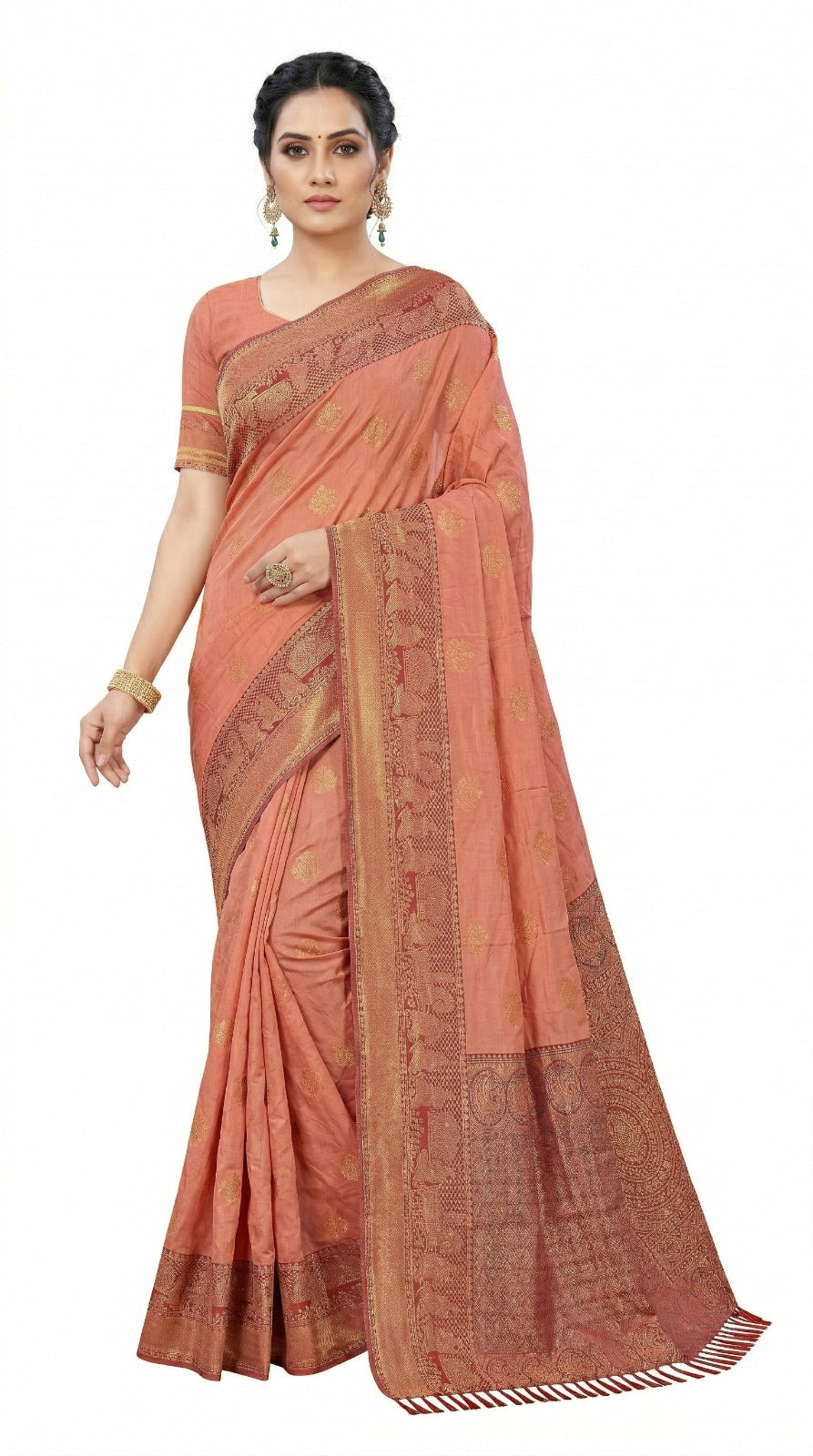 Mrs. SARDARNI Women's Peach Coral Art Silk Saree with Contrast Maroon Zari Border & Tassel Pallu | Premium Ethnic Wear | Mrs. SARDARNI