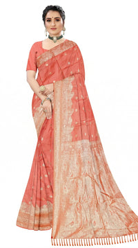 Mrs. SARDARNI Women's Peach Coral Art Silk Gulal Saree with Shimmering Silver-Copper Zari & Tassels | Premium Ethnic Wear | Mrs. SARDARNI