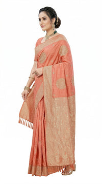 Mrs. SARDARNI Women's Peach Coral Art Silk Gulal Saree with Shimmering Silver-Copper Zari & Tassels | Premium Ethnic Wear | Mrs. SARDARNI