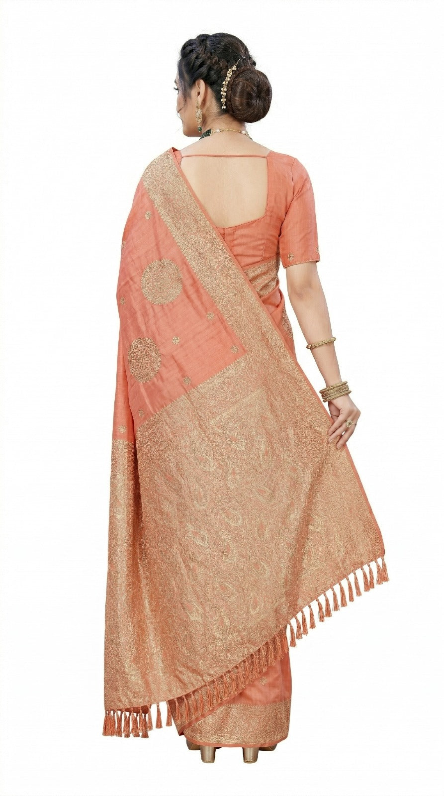 Mrs. SARDARNI Women's Peach Coral Art Silk Gulal Saree with Shimmering Silver-Copper Zari & Tassels | Premium Ethnic Wear | Mrs. SARDARNI