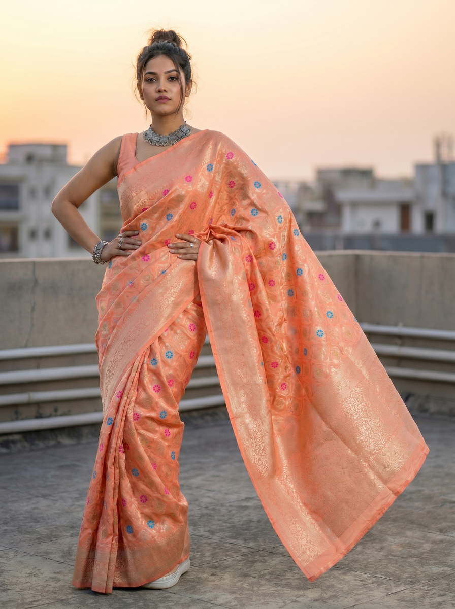 Mrs. SARDARNI Woven Soft Silk Saree - Peach
