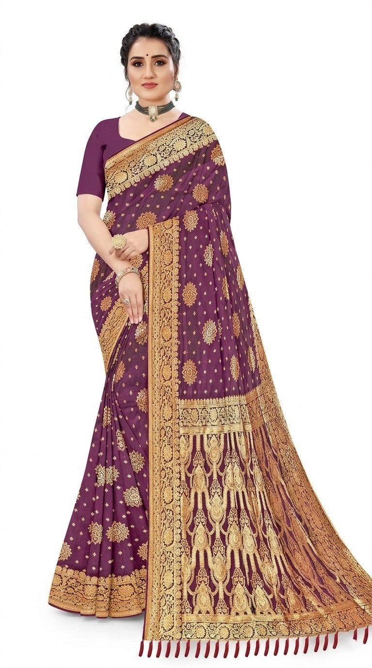 Mrs. SARDARNI Women's Wine Purple Art Silk Saree with Heavy Zari Floral Butta & Tassel Pallu | Premium Ethnic Wear | Mrs. SARDARNI