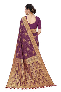 Mrs. SARDARNI Women's Wine Purple Art Silk Saree with Heavy Zari Floral Butta & Tassel Pallu | Premium Ethnic Wear | Mrs. SARDARNI