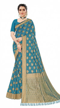 Mrs. SARDARNI Women's Rama Blue Art Silk Gulal Saree with Golden Zari Mango Butta & Tassel Pallu | Premium Ethnic Wear | Mrs. SARDARNI
