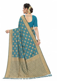 Mrs. SARDARNI Women's Rama Blue Art Silk Gulal Saree with Golden Zari Mango Butta & Tassel Pallu | Premium Ethnic Wear | Mrs. SARDARNI