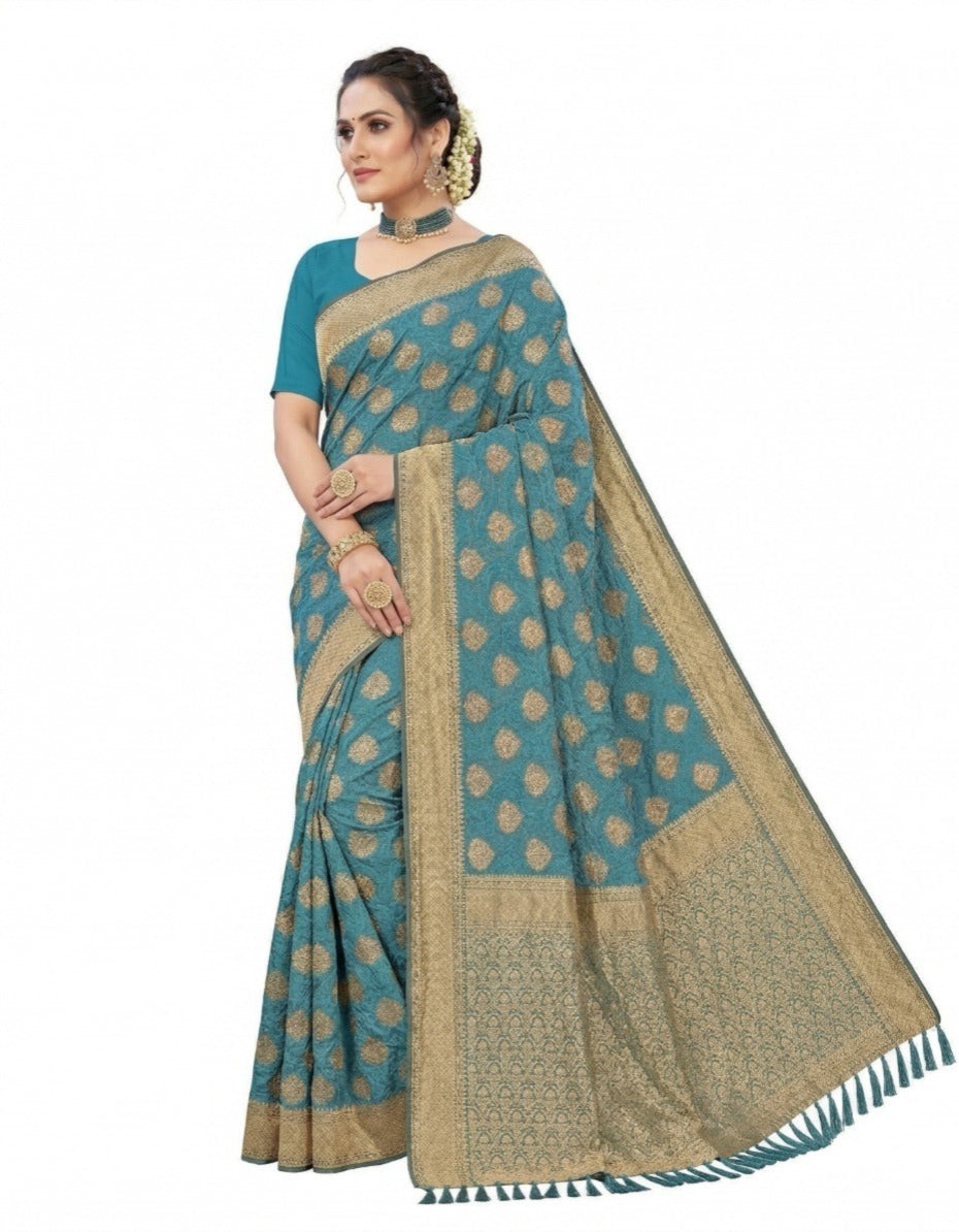 Mrs. SARDARNI Women's Rama Blue Art Silk Gulal Saree with Golden Zari Mango Butta & Tassel Pallu | Premium Ethnic Wear | Mrs. SARDARNI