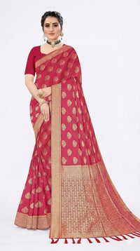 Mrs. SARDARNI Women's Rani Pink Art Silk Gulal Saree with Golden Zari Mango Butta & Tassel Pallu | Premium Ethnic Wear | Mrs. SARDARNI