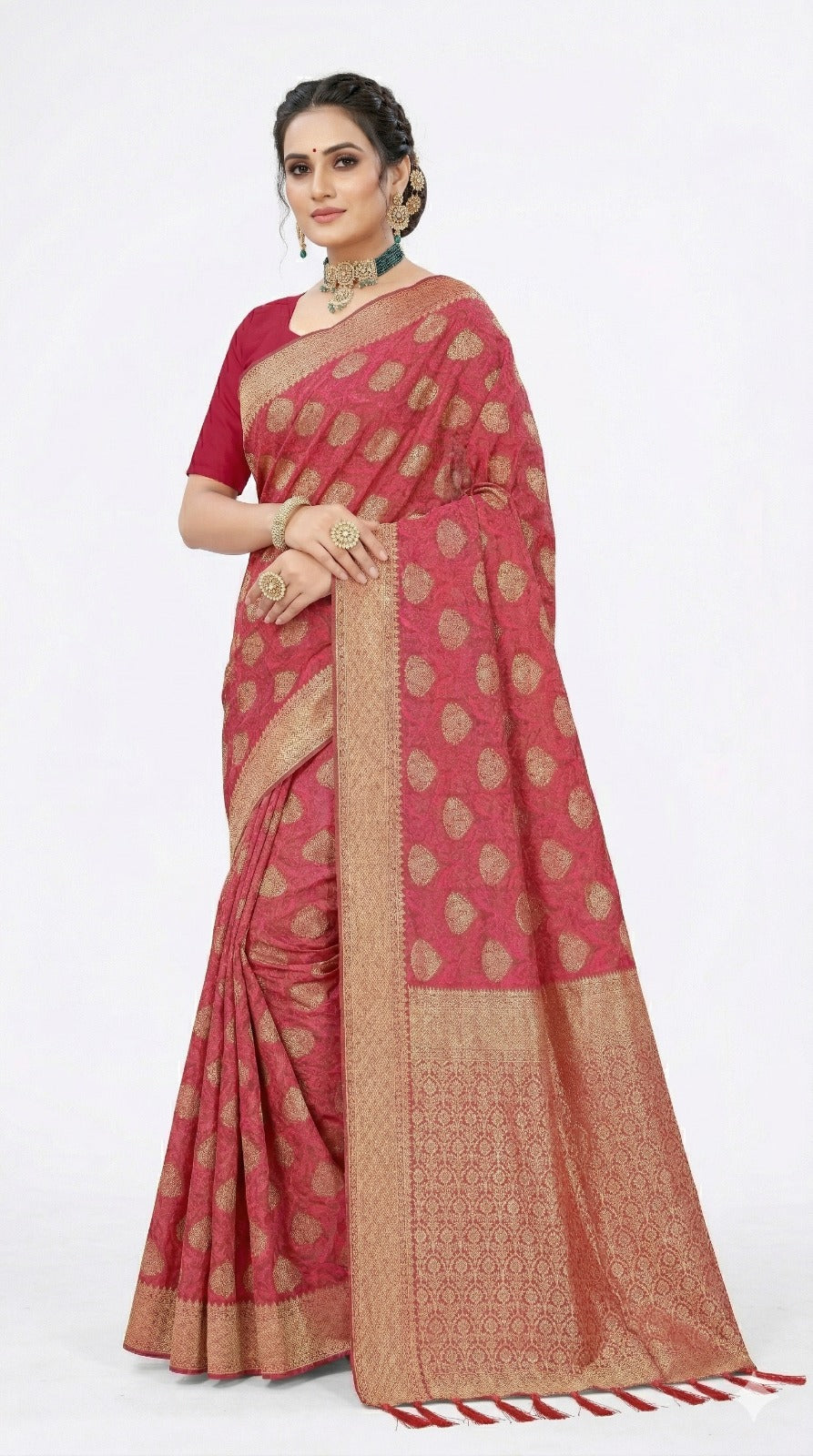 Mrs. SARDARNI Women's Rani Pink Art Silk Gulal Saree with Golden Zari Mango Butta & Tassel Pallu | Premium Ethnic Wear | Mrs. SARDARNI
