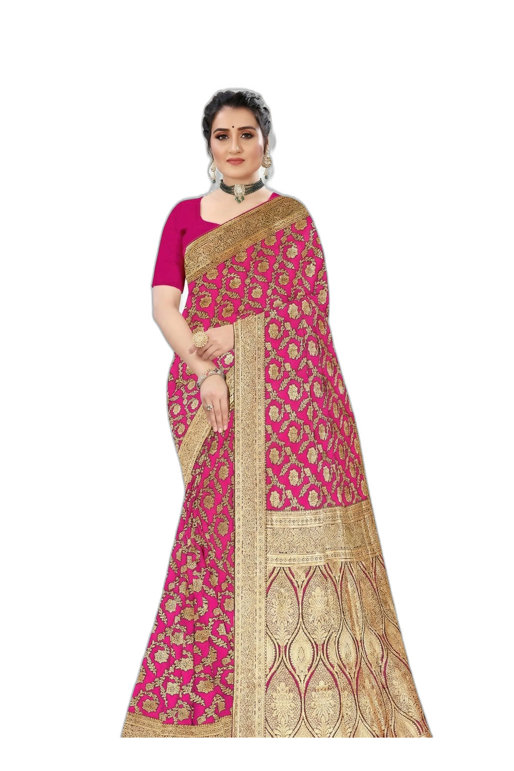 Mrs. SARDARNI Women's Rani Pink Art Silk Gulal Saree with Heavy Gold Zari Floral Jaal & Tassel Pallu | Premium Ethnic Wear | Mrs. SARDARNI