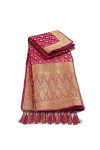 Mrs. SARDARNI Women's Rani Pink Art Silk Gulal Saree with Heavy Gold Zari Floral Jaal & Tassel Pallu | Premium Ethnic Wear | Mrs. SARDARNI
