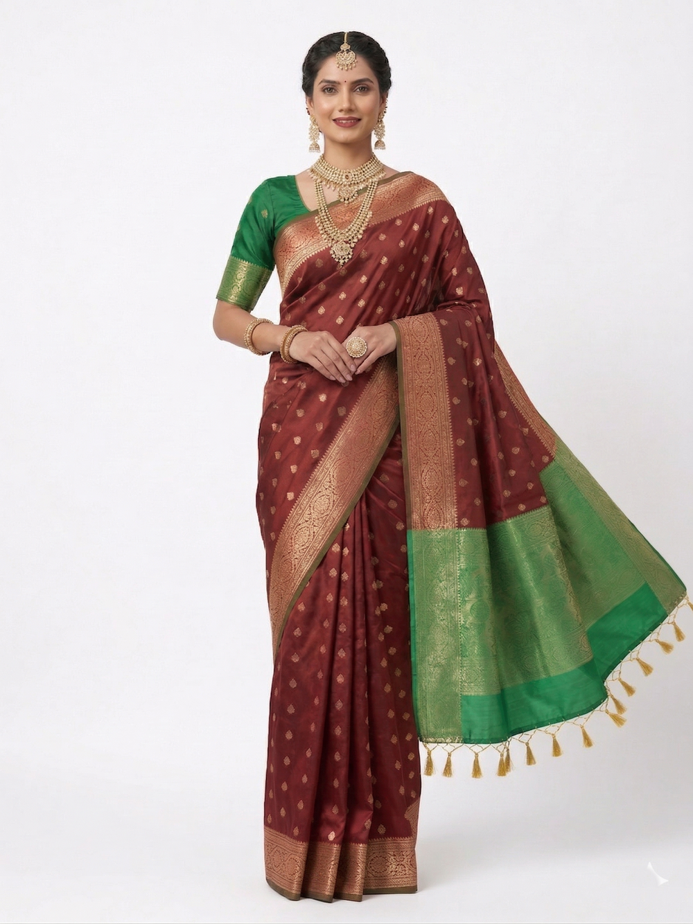 Mrs. SARDARNI Paithani InspiredMrs. SARDARNI Women's Red & Green Art Silk Saree with Contrast Zari Border & Tassel Pallu | Premium Ethnic Wear | Mrs. SARDARNI