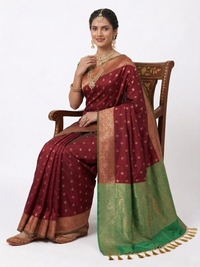 Mrs. SARDARNI Paithani InspiredMrs. SARDARNI Women's Red & Green Art Silk Saree with Contrast Zari Border & Tassel Pallu | Premium Ethnic Wear | Mrs. SARDARNI