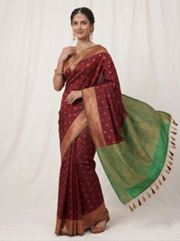 Mrs. SARDARNI Paithani InspiredMrs. SARDARNI Women's Red & Green Art Silk Saree with Contrast Zari Border & Tassel Pallu | Premium Ethnic Wear | Mrs. SARDARNI