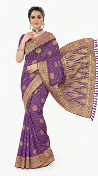Mrs. SARDARNI Women's Royal Violet Purple Art Silk Gulal Saree with Heavy Zari Floral Mandalas & Tassel Pallu | Premium Ethnic Wear | Mrs. SARDARNI
