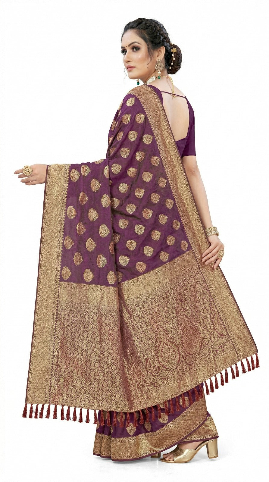 Mrs. SARDARNI Women's Royal Purple Art Silk Gulal Saree with Golden Zari Leaf Butta & Tassel Pallu | Premium Ethnic Wear | Mrs. SARDARNI