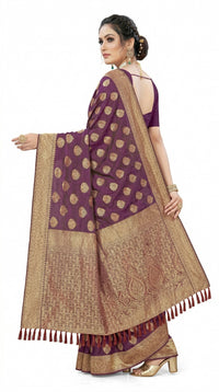 Mrs. SARDARNI Women's Royal Purple Art Silk Gulal Saree with Golden Zari Leaf Butta & Tassel Pallu | Premium Ethnic Wear | Mrs. SARDARNI