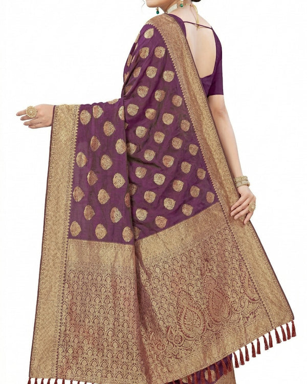 Mrs. SARDARNI Women's Royal Purple Art Silk Gulal Saree with Golden Zari Leaf Butta & Tassel Pallu | Premium Ethnic Wear | Mrs. SARDARNI