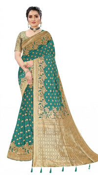 Mrs. SARDARNI Women's Sea Green Art Silk Gulal Saree with Heavy Golden Zari Elephant Motif Border & Tassels | Premium Ethnic Wear | Mrs. SARDARNI