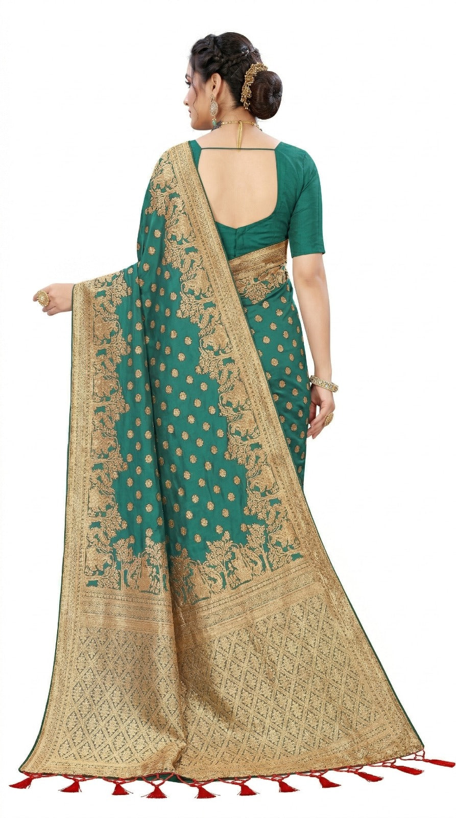 Mrs. SARDARNI Women's Sea Green Art Silk Gulal Saree with Heavy Golden Zari Elephant Motif Border & Tassels | Premium Ethnic Wear | Mrs. SARDARNI
