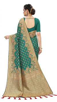 Mrs. SARDARNI Women's Sea Green Art Silk Gulal Saree with Heavy Golden Zari Elephant Motif Border & Tassels | Premium Ethnic Wear | Mrs. SARDARNI