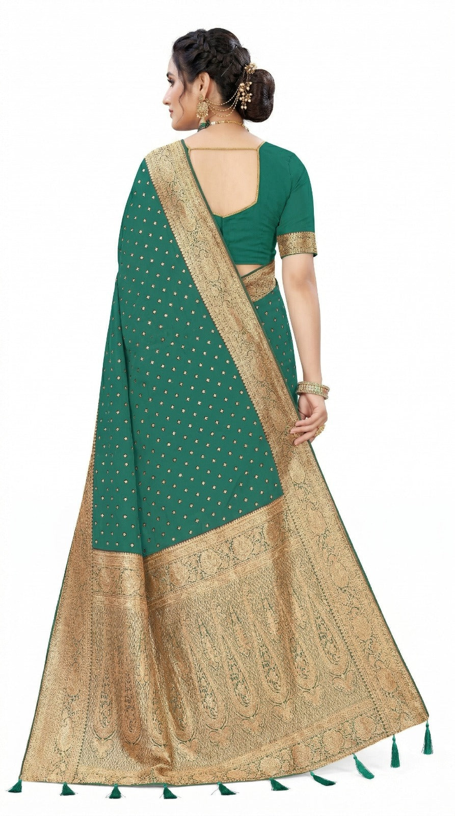 Mrs. SARDARNI Women's Sea Green Art Silk Gulal Saree with Tiny Golden Zari Butta & Tassel Pallu | Premium Ethnic Wear | Mrs. SARDARNI