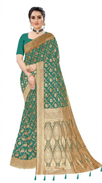 Mrs. SARDARNI Women's Sea Green Art Silk Gulal Saree with Heavy Gold Zari Floral Jaal & Tassel Pallu | Premium Ethnic Wear | Mrs. SARDARNI