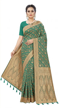 Mrs. SARDARNI Women's Sea Green Art Silk Gulal Saree with Heavy Gold Zari Floral Jaal & Tassel Pallu | Premium Ethnic Wear | Mrs. SARDARNI