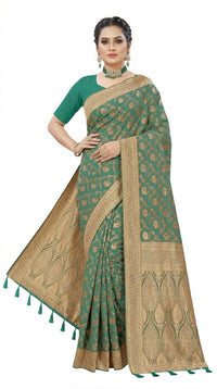 Mrs. SARDARNI Women's Sea Green Art Silk Gulal Saree with Heavy Gold Zari Floral Jaal & Tassel Pallu | Premium Ethnic Wear | Mrs. SARDARNI
