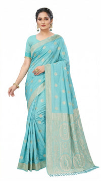 Mrs. SARDARNI Women's Sky Blue Art Silk Gulal Saree with Silver Zari Weaving & Tassel Pallu | Premium Ethnic Wear | Mrs. SARDARNI