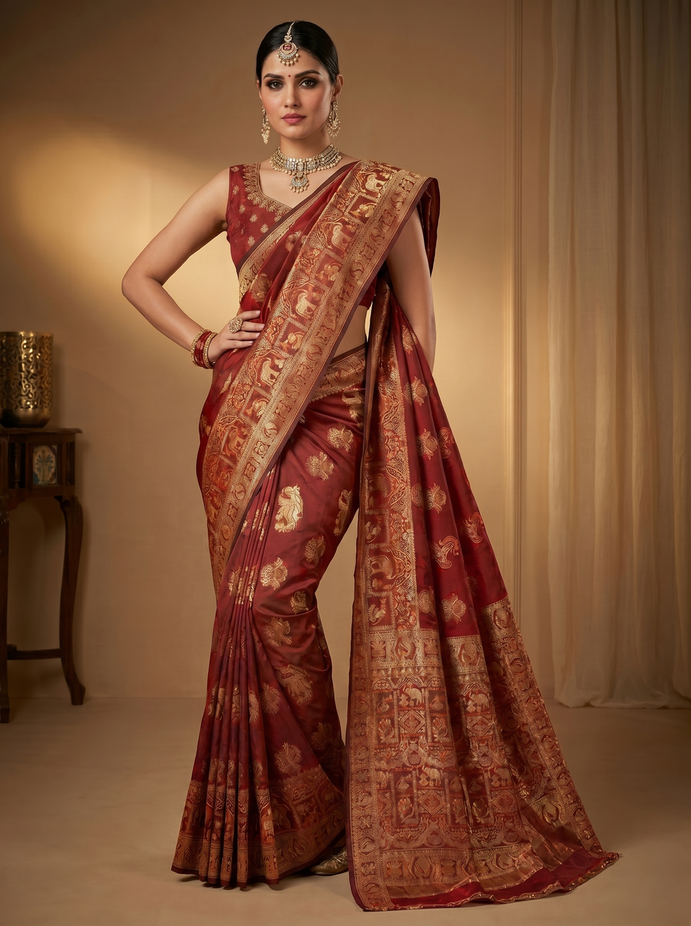 Mrs. SARDARNI Banarasi Jacquard Art Silk Saree - Vermillion Rd (Morni Collection)