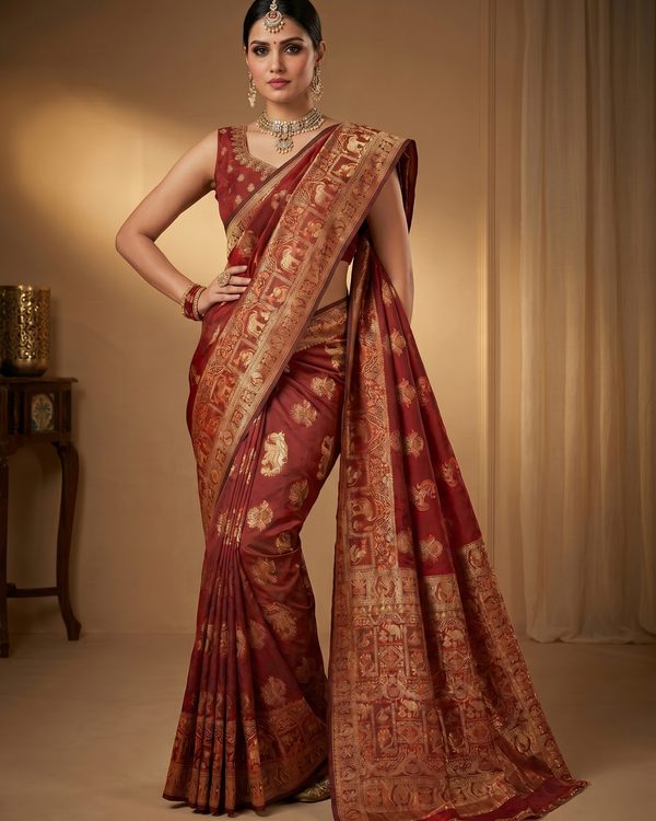 Mrs. SARDARNI Banarasi Jacquard Art Silk Saree - Vermillion Rd (Morni Collection)
