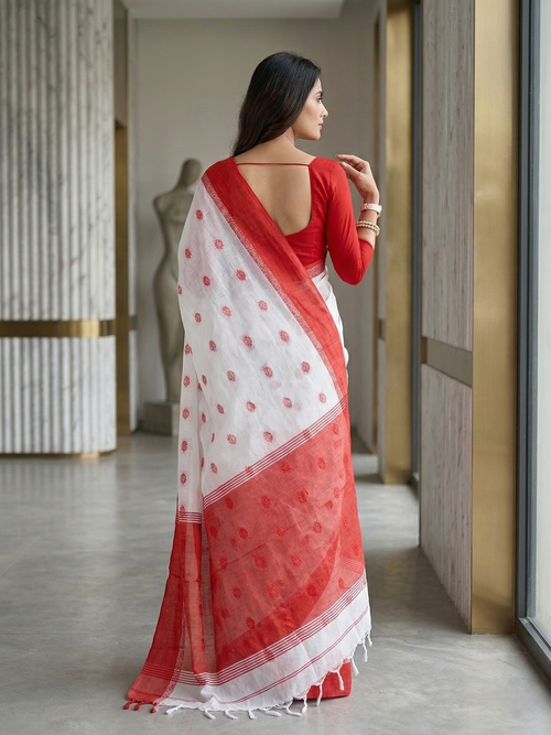 Classic White & Red Woven Cotton Saree | Mrs. SARDARNI