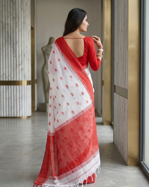 Classic White & Red Woven Cotton Saree | Mrs. SARDARNI