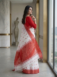 Classic White & Red Woven Cotton Saree | Mrs. SARDARNI