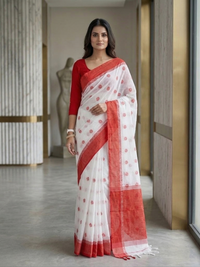 Classic White & Red Woven Cotton Saree | Mrs. SARDARNI