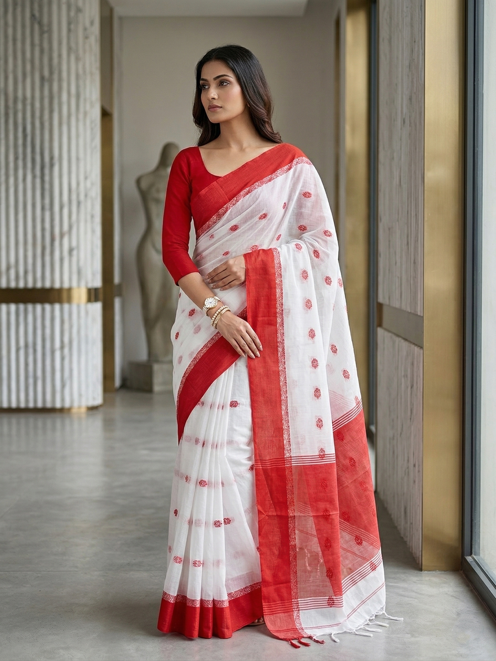Classic White & Red Woven Cotton Saree | Mrs. SARDARNI