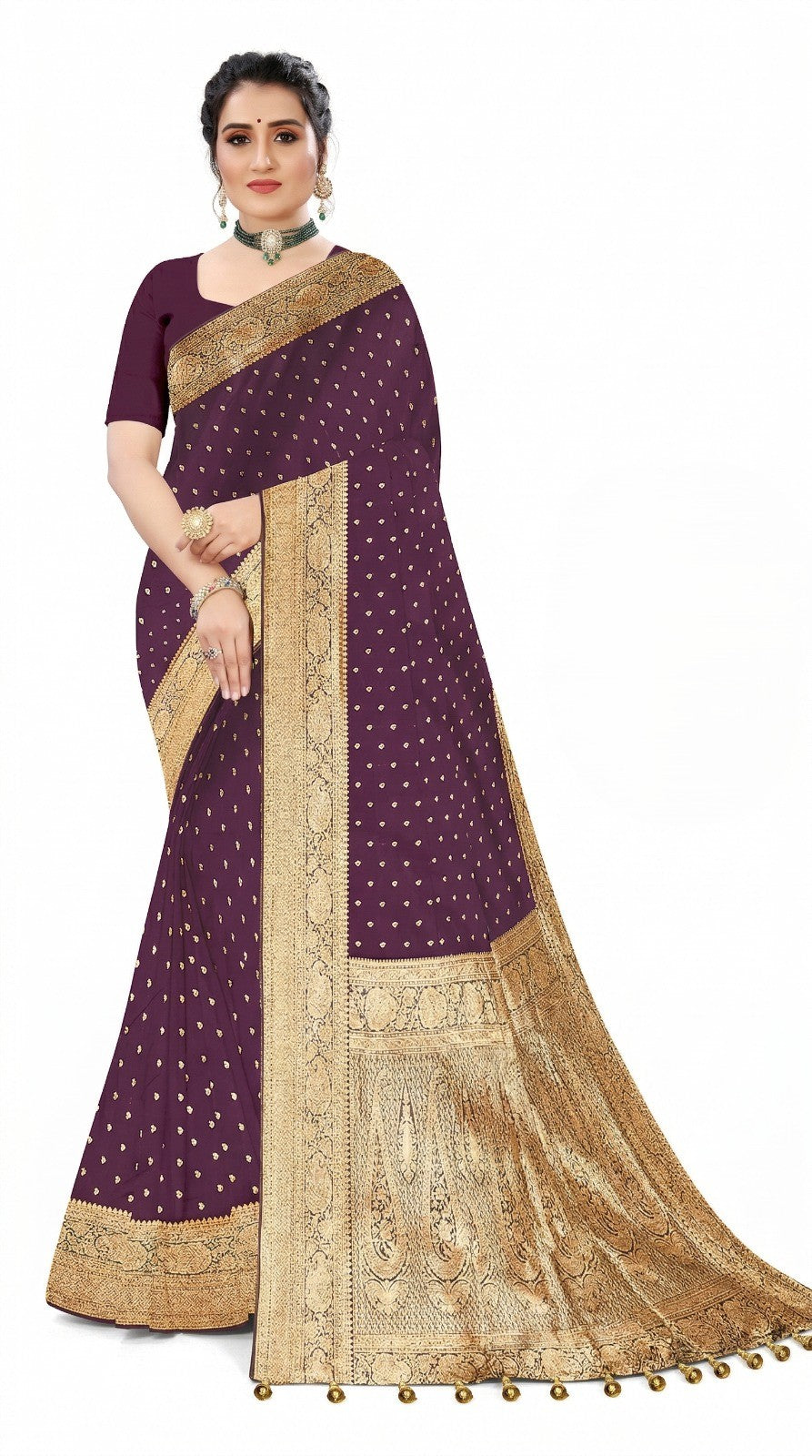 Mrs. SARDARNI Women's Wine Purple Art Silk Gulal Saree with Golden Zari Star Butta & Paisley Pallu | Premium Ethnic Wear | Mrs. SARDARNI