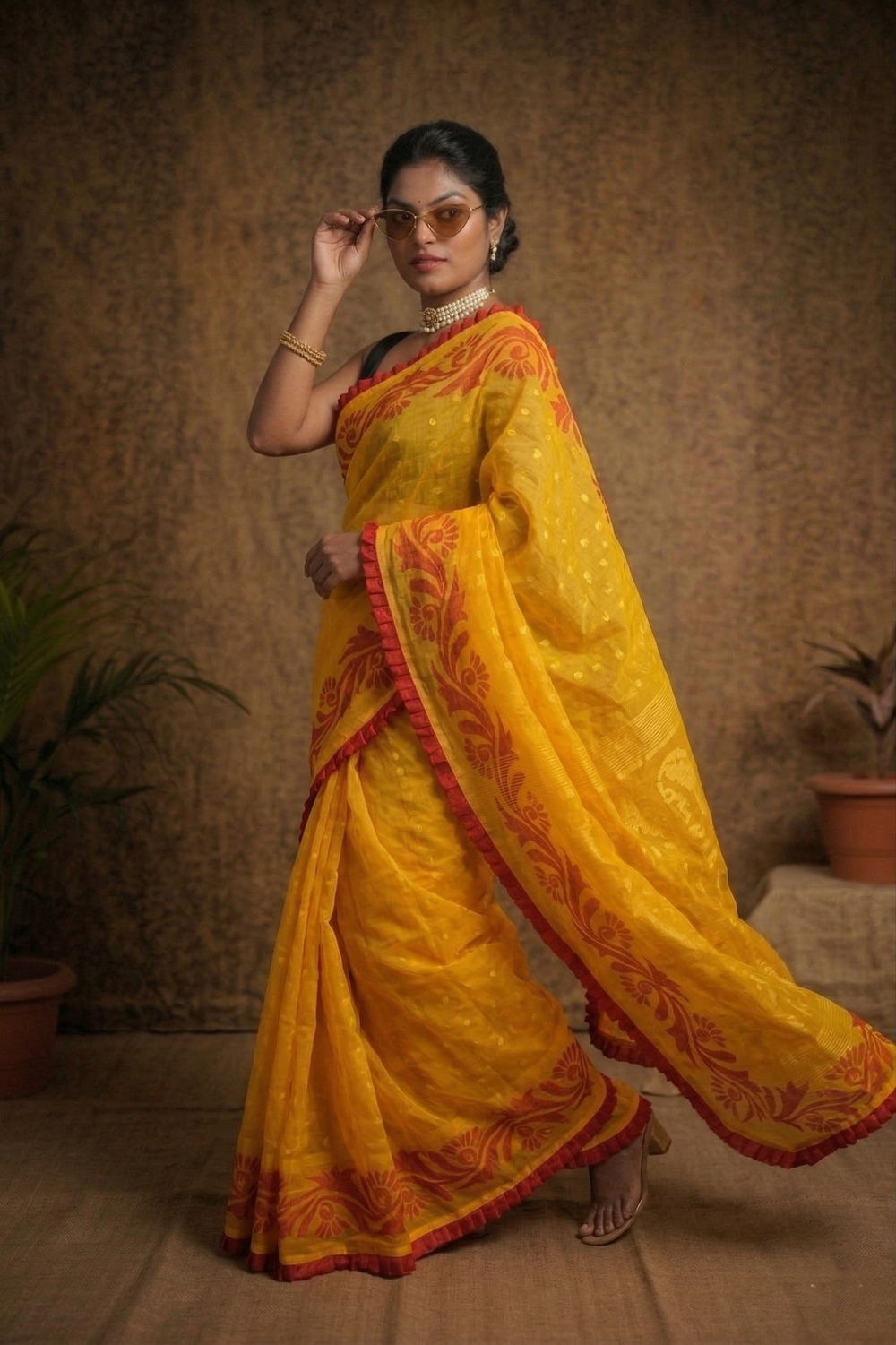 Vibrant Yellow Jamdani Saree with Red Woven Motifs & Ruffle Border | Mrs. SARDARNI