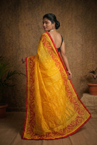 Vibrant Yellow Jamdani Saree with Red Woven Motifs & Ruffle Border | Mrs. SARDARNI
