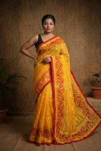 Vibrant Yellow Jamdani Saree with Red Woven Motifs & Ruffle Border | Mrs. SARDARNI