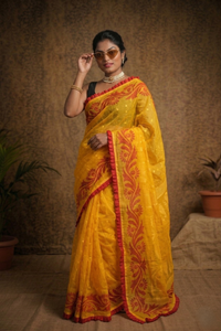 Vibrant Yellow Jamdani Saree with Red Woven Motifs & Ruffle Border | Mrs. SARDARNI