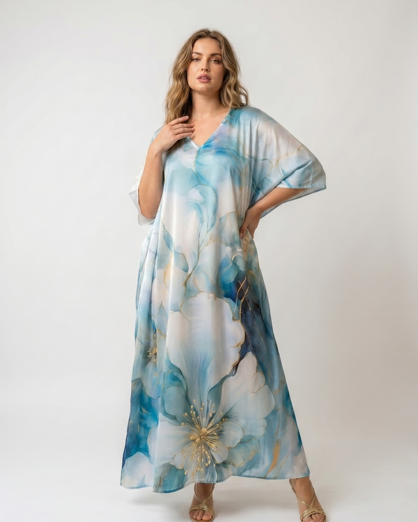 Mrs. SARDARNI Premium Designer Printed Kaftan - Blue White Marble