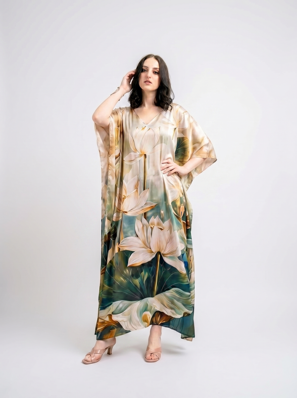 Mrs. SARDARNI Premium Designer Printed Kaftan - Dark Green Lotus